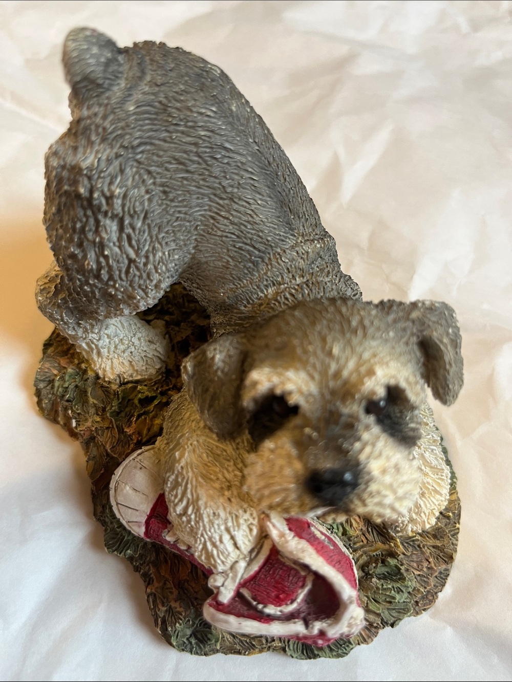 Vintage Small Pet Puppy playing w/red shoe Figurine Decorative 5.5”